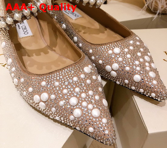 Jimmy Choo Baily Flat Ballet Pink Suede Mary Jane Flats with Crystal and Pearl Embellishment Replica