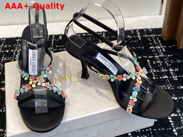 Jimmy Choo Blanche 90 Black Satin Sandal with Daisy Embroidery Replica