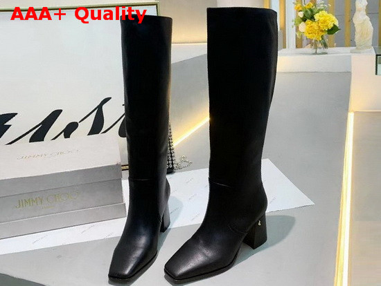 Jimmy Choo Brionne 85 Black Calf Leather Boots with Angular Block Heels Replica