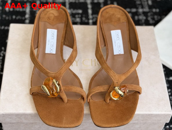 Jimmy Choo Emeri Stone 35 Tan Suede Sandals with Stone Detail Replica