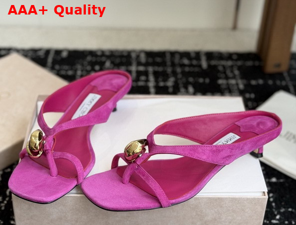 Jimmy Choo Emeri Stone 35 Violet Orchid and Dark Amber Suede Sandals Replica