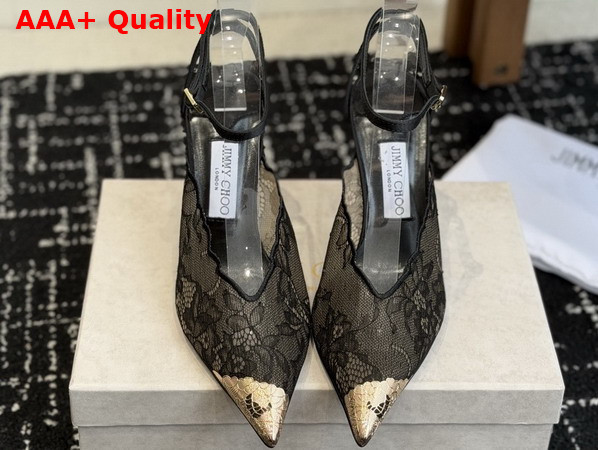 Jimmy Choo Faiz 100 Black Jimmy Choo Lace Pumps with Metal Lace Detail Replica