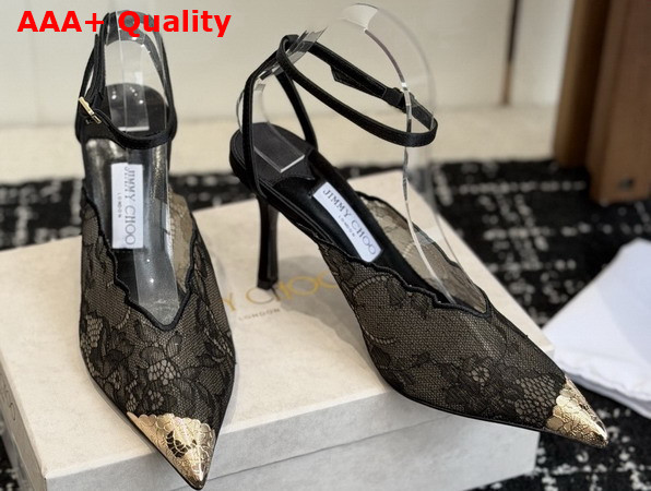 Jimmy Choo Faiz 100 Black Jimmy Choo Lace Pumps with Metal Lace Detail Replica