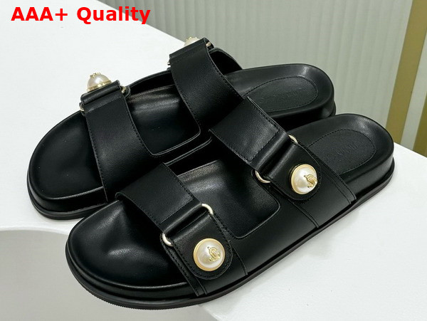 Jimmy Choo Fayence Sandal Black Leather Flat Sandals with Pearl Embellishment Replica