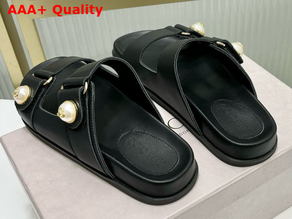 Jimmy Choo Fayence Sandal Black Leather Flat Sandals with Pearl Embellishment Replica