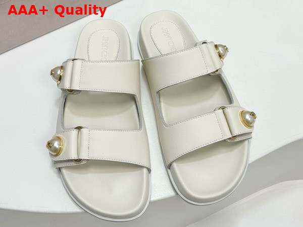 Jimmy Choo Fayence Sandal Latte Leather Flat Sandals with Pearl Embellishment Replica