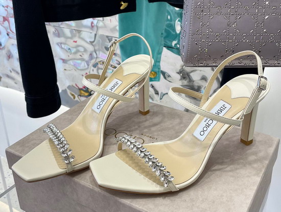 Jimmy Choo High Heel Sandal in White Leather with Leaf Crystals Embellishment Replica