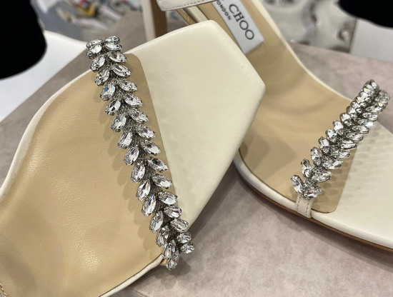 Jimmy Choo High Heel Sandal in White Leather with Leaf Crystals Embellishment Replica