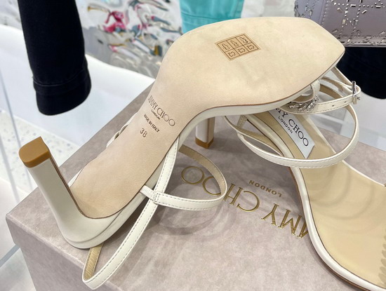 Jimmy Choo High Heel Sandal in White Leather with Leaf Crystals Embellishment Replica