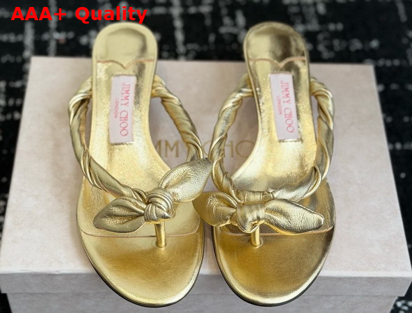 Jimmy Choo Liss 35 Gold Metallic Nappa Leather Mule Sandals with Bow Replica