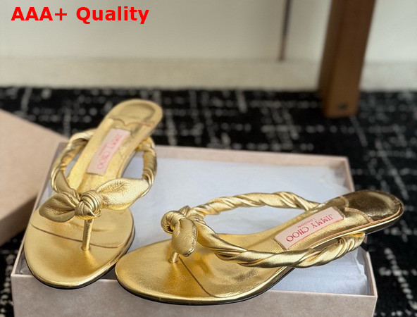 Jimmy Choo Liss 35 Gold Metallic Nappa Leather Mule Sandals with Bow Replica