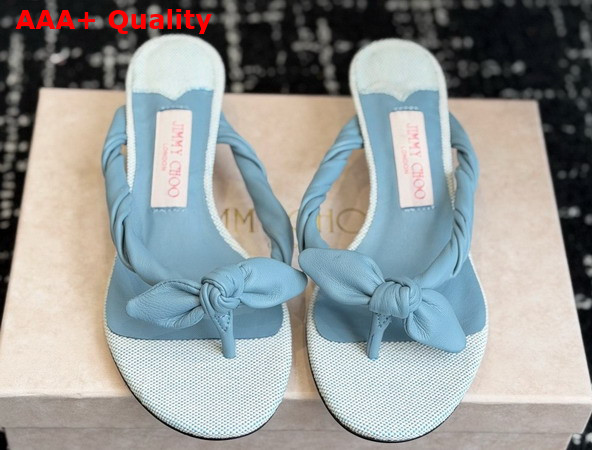 Jimmy Choo Liss 35 Riviera Blue Mix Soft Glove Leather and Flecked Canvas Mule Sandals with Nappa Leather Bow Replica