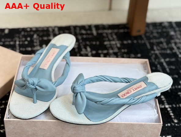 Jimmy Choo Liss 35 Riviera Blue Mix Soft Glove Leather and Flecked Canvas Mule Sandals with Nappa Leather Bow Replica