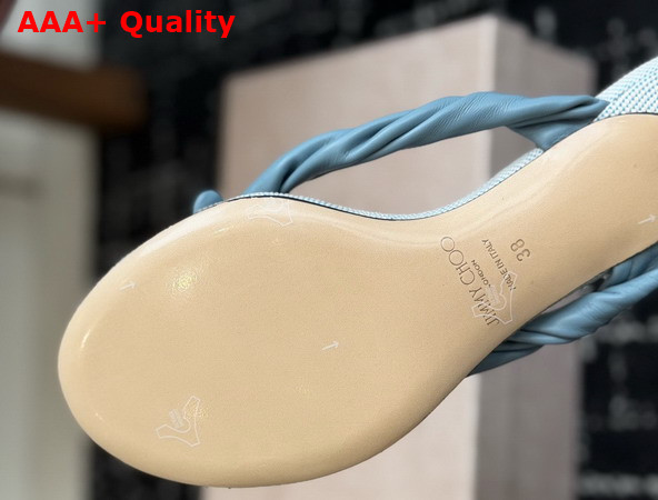 Jimmy Choo Liss 35 Riviera Blue Mix Soft Glove Leather and Flecked Canvas Mule Sandals with Nappa Leather Bow Replica