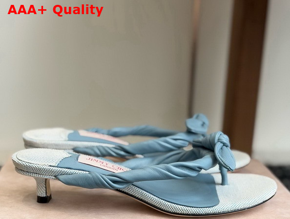 Jimmy Choo Liss 35 Riviera Blue Mix Soft Glove Leather and Flecked Canvas Mule Sandals with Nappa Leather Bow Replica