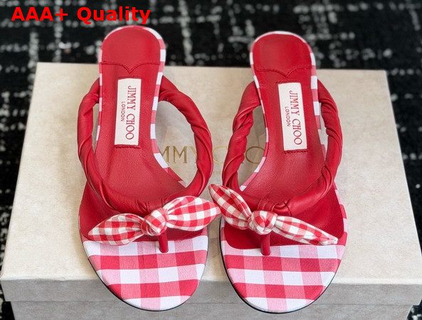 Jimmy Choo Liss 35 Ruby Red Mix Mixed Gingham Cotton Mule Sandals with Gingham Bow Replica