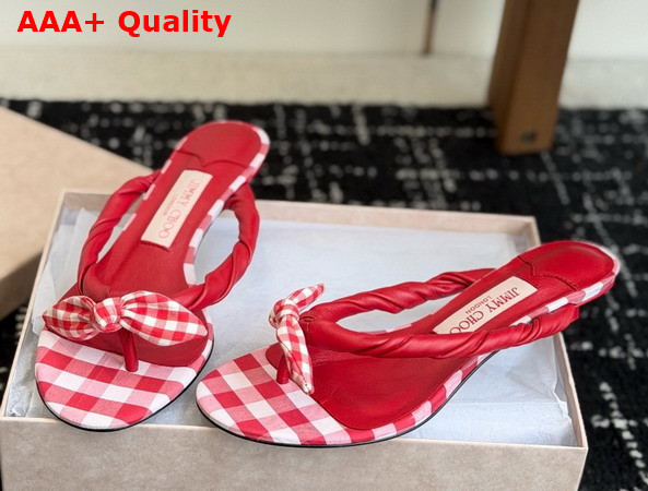 Jimmy Choo Liss 35 Ruby Red Mix Mixed Gingham Cotton Mule Sandals with Gingham Bow Replica