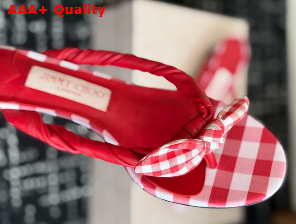 Jimmy Choo Liss 35 Ruby Red Mix Mixed Gingham Cotton Mule Sandals with Gingham Bow Replica