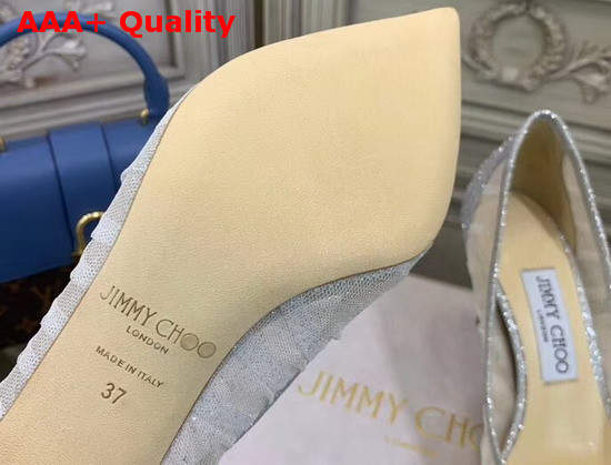Jimmy Choo Love 65 Metallic Silver Glitter Fabric Pumps with Ivory Tulle Overlay Replica