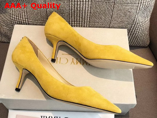 Jimmy Choo Love 65 Yellow Suede Pointed Pumps with JC Emblem Replica