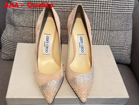 Jimmy Choo Love 85 Ballet Pink Suede Pointed Pumps with Asymmetric Sprinkled Crystals Replica