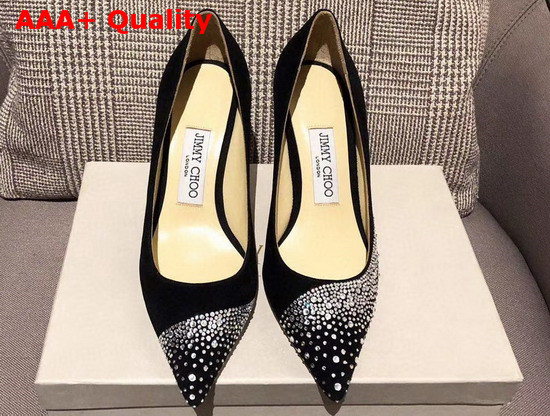 Jimmy Choo Love 85 Black Suede Pointed Pumps with Asymmetric Sprinkled Crystals Replica