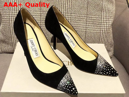 Jimmy Choo Love 85 Black Suede Pointed Pumps with Asymmetric Sprinkled Crystals Replica