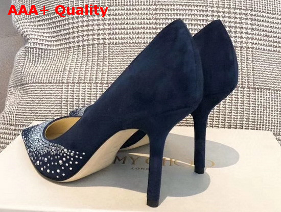 Jimmy Choo Love 85 Blue Suede Pointed Pumps with Asymmetric Sprinkled Crystals Replica