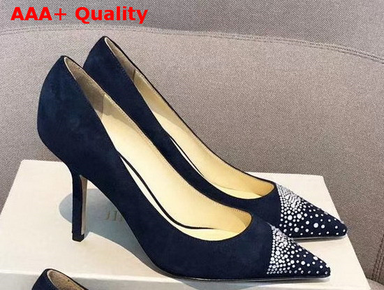 Jimmy Choo Love 85 Blue Suede Pointed Pumps with Asymmetric Sprinkled Crystals Replica
