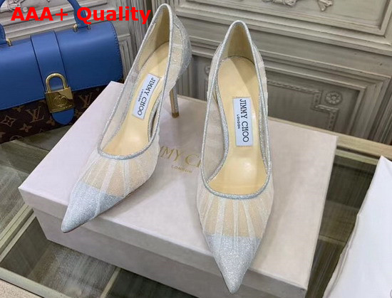 Jimmy Choo Love 85 Metallic Silver Glitter Fabric Pumps with Ivory Tulle Overlay Replica