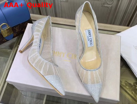 Jimmy Choo Love 85 Metallic Silver Glitter Fabric Pumps with Ivory Tulle Overlay Replica