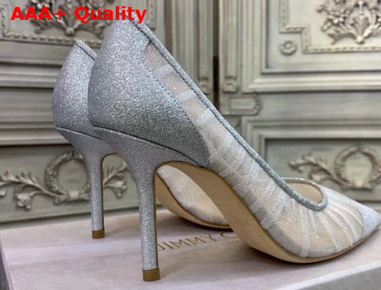 Jimmy Choo Love 85 Metallic Silver Glitter Fabric Pumps with Ivory Tulle Overlay Replica