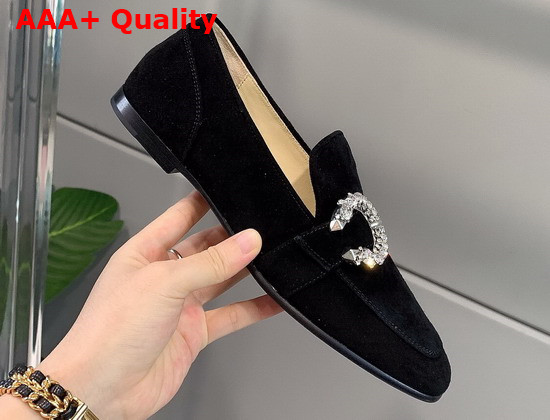 Jimmy Choo Mani Flat Black Suede Loafers with Crystal Buckle Replica