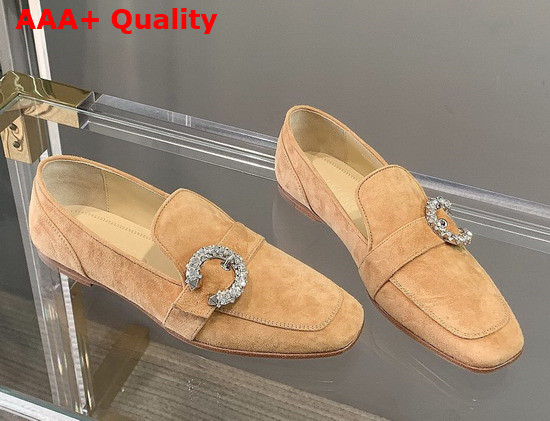 Jimmy Choo Mani Flat Caramel Suede Leather Loafers with Crystal Buckle Replica