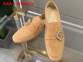 Jimmy Choo Mani Flat Caramel Suede Leather Loafers with Crystal Buckle Replica
