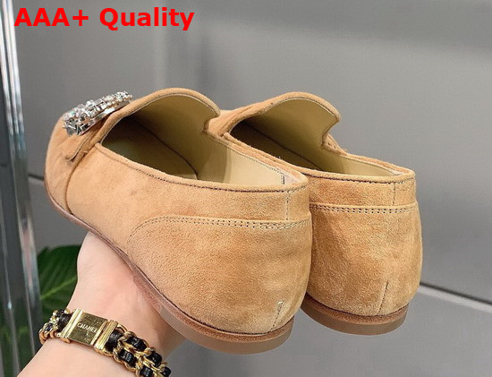 Jimmy Choo Mani Flat Caramel Suede Leather Loafers with Crystal Buckle Replica
