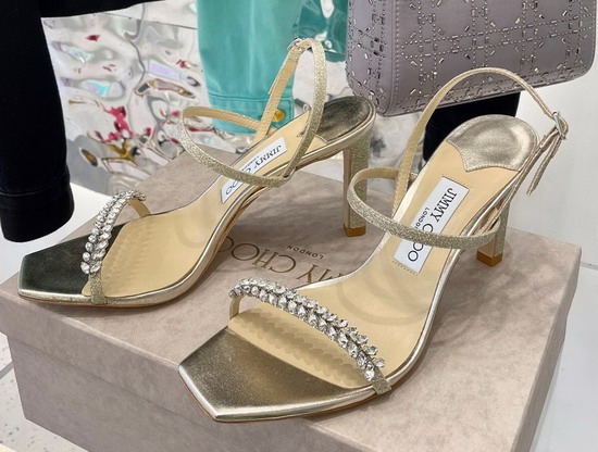 Jimmy Choo Meira 85 Platinum Ice Dusty Glitter Sandals with Leaf Crystal Embellishment Replica