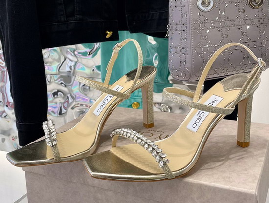 Jimmy Choo Meira 85 Platinum Ice Dusty Glitter Sandals with Leaf Crystal Embellishment Replica