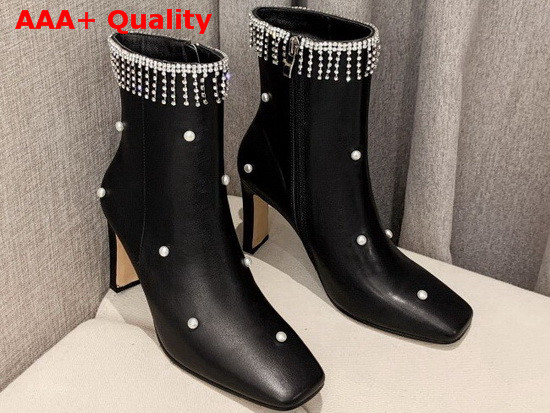 Jimmy Choo Minori 85 Black Calf Leather Ankle Booties with Crystal Fringes and Glass Pearls Replica