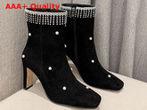 Jimmy Choo Minori 85 Black Suede Leather Ankle Booties with Crystal Fringes and Glass Pearls Replica