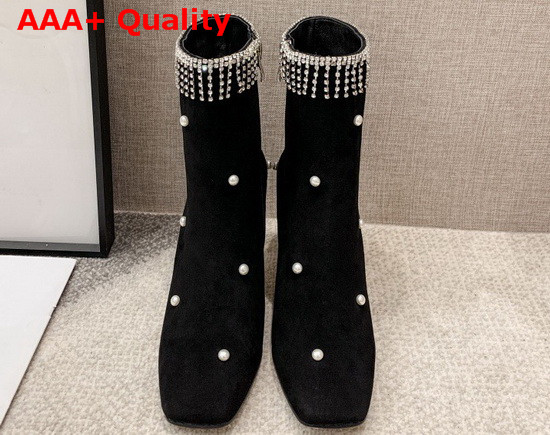 Jimmy Choo Minori 85 Black Suede Leather Ankle Booties with Crystal Fringes and Glass Pearls Replica