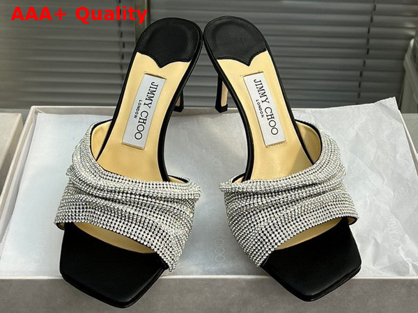 Jimmy Choo Naria Mule 75 Black Nappa Leather Mules with Crystal Mesh Replica