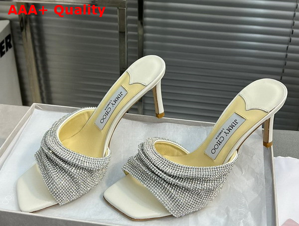 Jimmy Choo Naria Mule 75 Latte Nappa Leather Mules with Crystal Mesh Replica