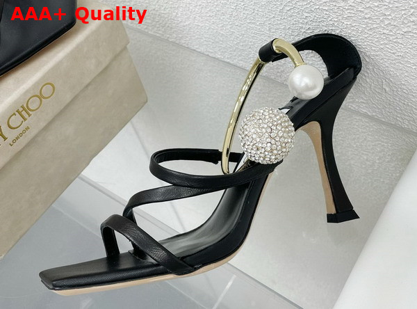 Jimmy Choo Ottilia 90 Black Nappa Leather Sandals with Crystal and Pearl Strap Replica