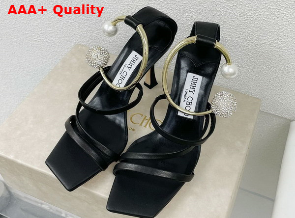 Jimmy Choo Ottilia 90 Black Nappa Leather Sandals with Crystal and Pearl Strap Replica