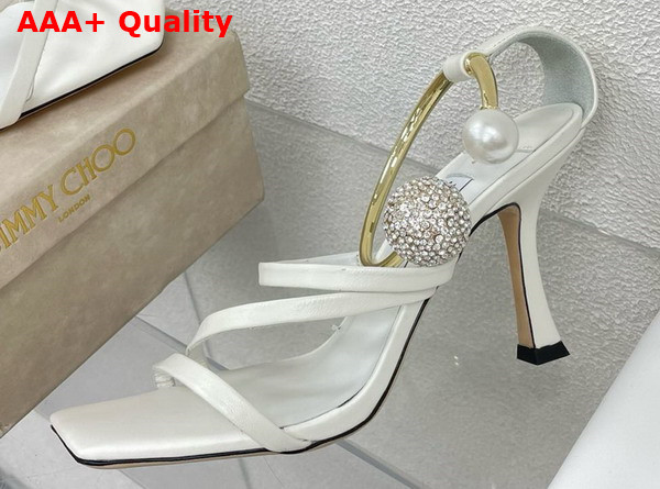 Jimmy Choo Ottilia 90 Latte Nappa Leather Sandals with Crystal and Pearl Strap Replica