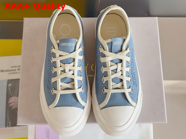 Jimmy Choo Palma Maxi F Denim and Latte Canvas Platform Trainers with Embroidered Logo Replica