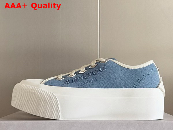 Jimmy Choo Palma Maxi F Denim and Latte Canvas Platform Trainers with Embroidered Logo Replica