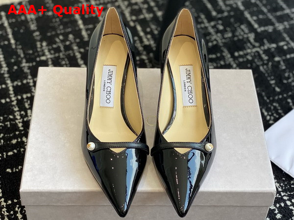 Jimmy Choo Rosalia 65 Black Patent Pointed Pumps with Pearl Detail Replica