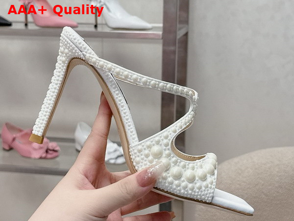 Jimmy Choo Sacoria 85 White Satin Sandals with All Over Pearls Replica